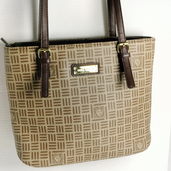 Anne Klein Geometric Tan and Brown Tote - Picture 1 of 8